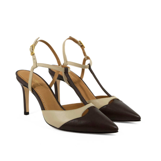 DÉCOLLETÉ SLINGBACK IN PELLE TESTA DI MORO E PANNA CON PUNTA SFILATA E CINTURINO A T