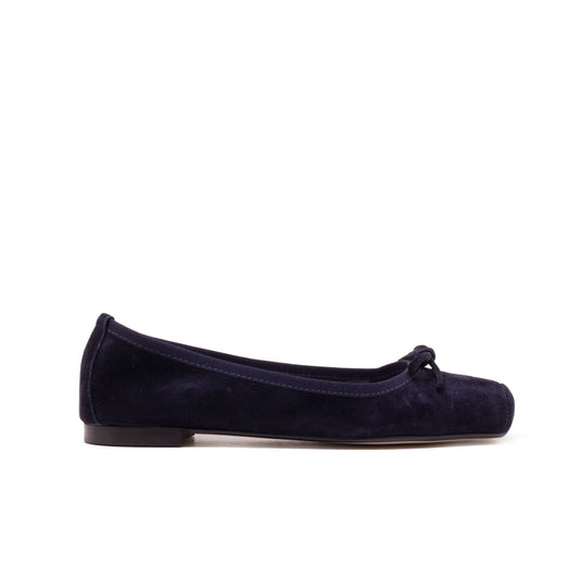 BALLERINA IN CAMOSCIO BLU CON PUNTA SQUADRATA E DETTAGLIO FIOCCO