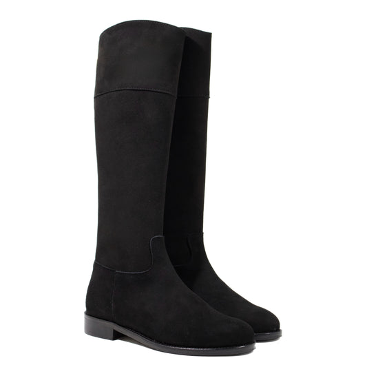 STIVALE ALTO A PUNTA ARROTONDATA IN CAMOSCIO NERO CON ZIP POSTERIORE ORO E TACCO BASSO A BLOCCO