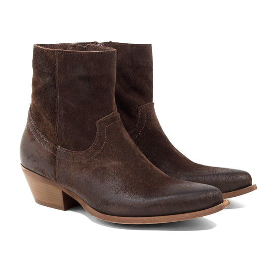 STIVALETTO CAMPEROS IN CAMOSCIO TESTA DI MORO CON RICAMI WESTERN E TACCO CUBANO