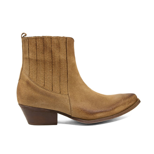 STIVALETTO CAMPEROS IN CAMOSCIO CARAMELLO CON ELASTICI RIVESTITI E TACCO CUBANO