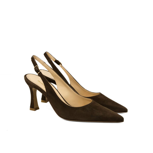 Décolleté slingback in camoscio testa di moro con punta sfilata e tacco a rocchetto