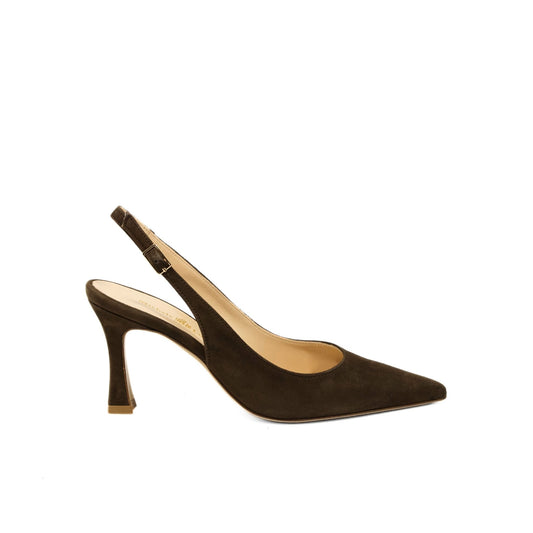 Décolleté slingback in camoscio testa di moro con punta sfilata e tacco a rocchetto