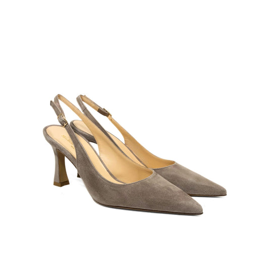 Décolleté slingback in camoscio taupe con punta sfilata e tacco a rocchetto
