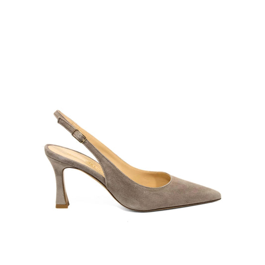 Décolleté slingback in camoscio taupe con punta sfilata e tacco a rocchetto