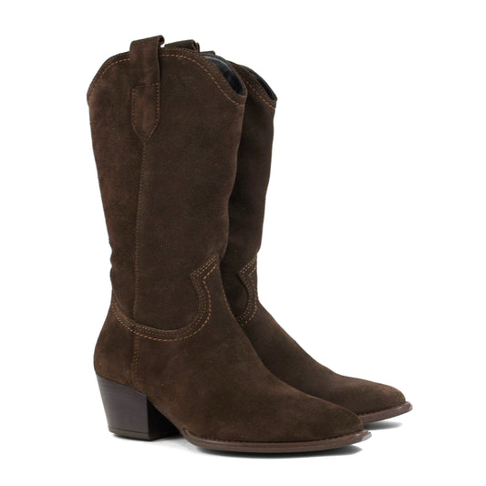 STIVALETTO CAMPEROS A PUNTA AFFUSOLATA IN CAMOSCIO TESTA DI MORO CON TIRANTI LATERALI TACCO CUBANO