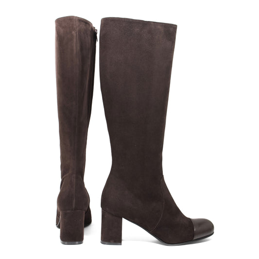 STIVALE ALTO A PUNTA ARROTONDATA IN CAMOSCIO TESTA DI MORO CON PUNTA IN NAPPA TESTA DI MORO E TACCO A BLOCCO MEDIO