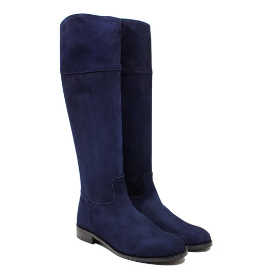 STIVALE ALTO A PUNTA ARROTONDATA IN CAMOSCIO BLU CON ZIP POSTERIORE ORO E TACCO BASSO A BLOCCO