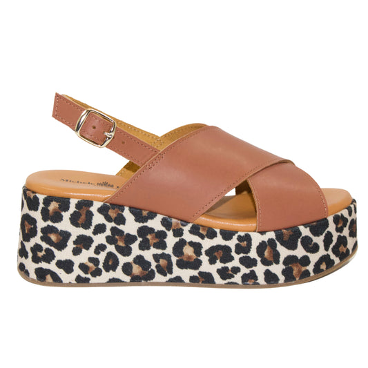 SANDALO CON ZEPPA FLATFORM IN CAPRA WHISKY E TESSUTO LEOPARDATO CON INCROCIO