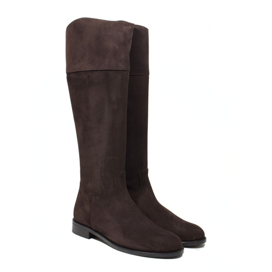 STIVALE ALTO A PUNTA ARROTONDATA IN CAMOSCIO TESTA DI MORO CON ZIP POSTERIORE ORO E TACCO BASSO A BLOCCO