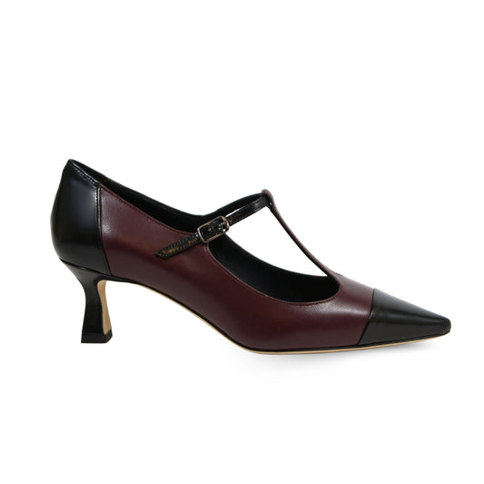 Bordeaux nappa leather T-Bar pumps with pointed toe