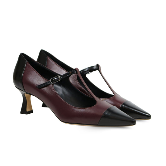 Bordeaux nappa leather T-Bar pumps with pointed toe