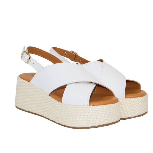 SANDALO CON ZEPPA FLATFORM IN NAPPA BIANCA E TESSUTO INTRECCIATO CON INCROCIO