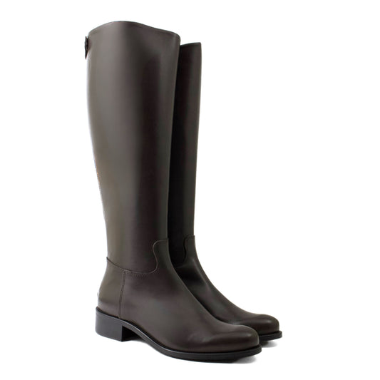 STIVALE MODELLO CAVALLERIZZA IN PELLE TESTA DI MORO CON ZIP E BOTTONE POSTERIORE E TACCO BASSO A BLOCCO