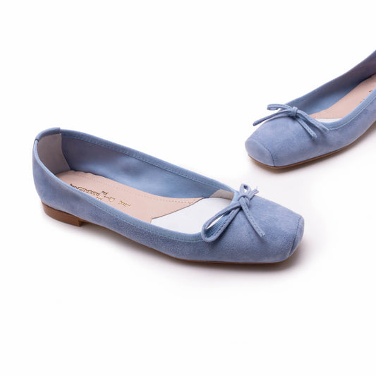 BALLERINA IN CAMOSCIO JEANS CON PUNTA SQUADRATA E DETTAGLIO FIOCCO