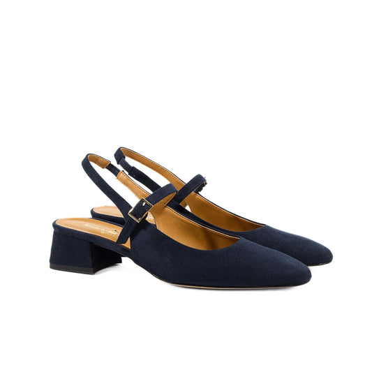 DÉCOLLETÉ SLINGBACK MARY JANE IN CAMOSCIO BLUE CON PUNTA ARROTONDATA E TACCO BASSO