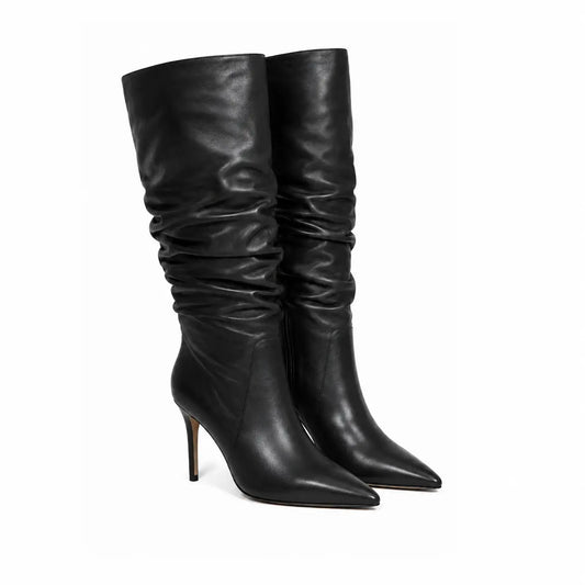 Stivale donna in nappa nera con gambale arricciato | Michele Lopriore
