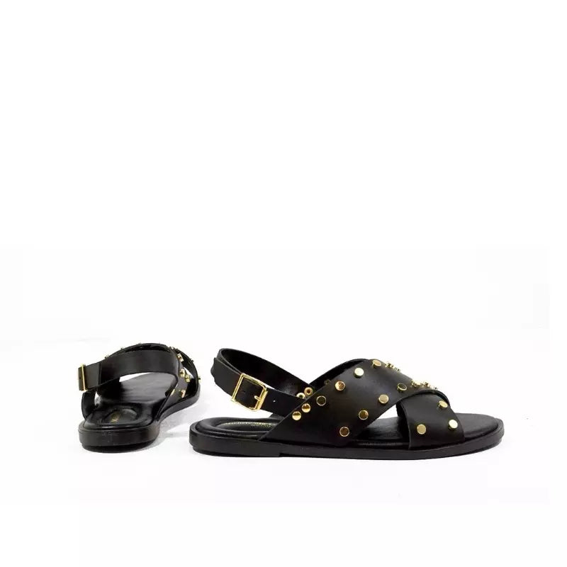 Sandalo flat nero con fasce incrociate borchiate | Michele Lopriore
