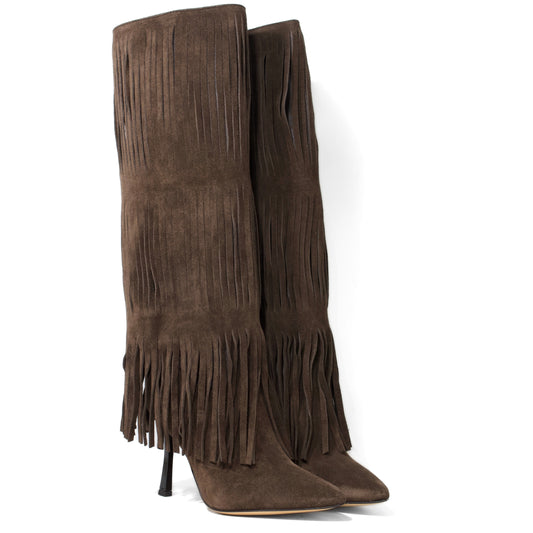 STIVALE ALTO A PUNTA IN CAMOSCIO TESTA DI MORO CON FRANGE E TACCO A SPILLO