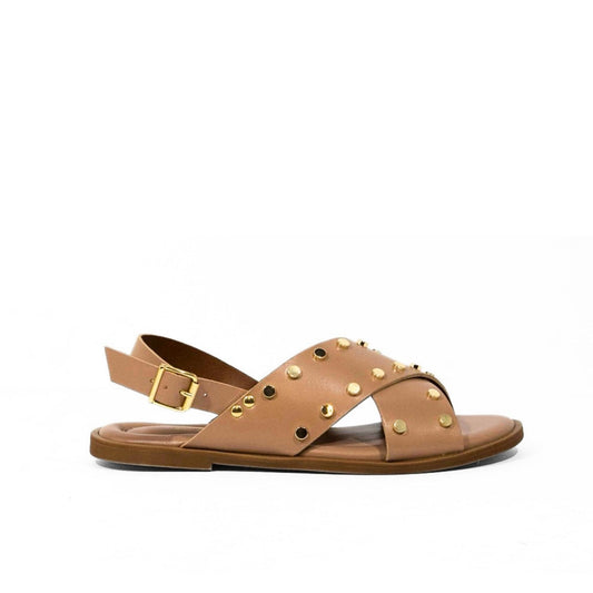 Sandalo flat in nappa tortora con fasce incrociate borchiate