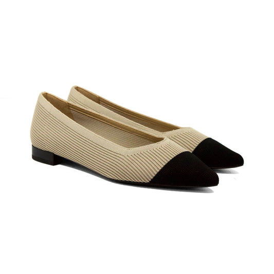 BALLERINA IN TESSUTO FLYKNIT BEIGE CON PUNTA SFILATA NERA E TACCO BASSO