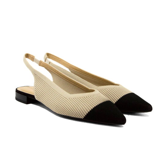 BALLERINA SLINGBACK IN TESSUTO FLYKNIT BEIGE CON PUNTA SFILATA NERA E TACCO BASSO