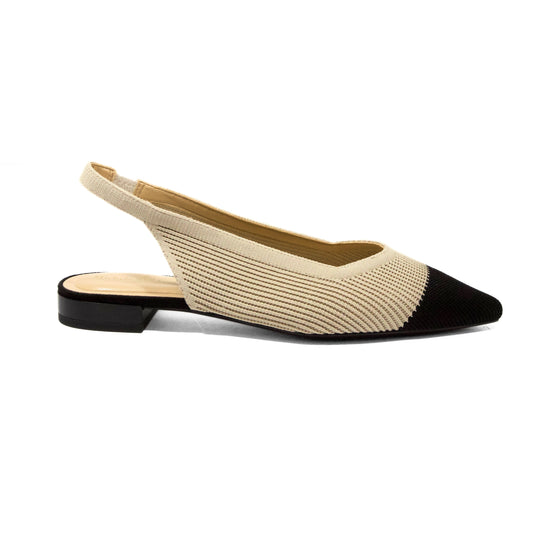 BALLERINA SLINGBACK IN TESSUTO FLYKNIT BEIGE CON PUNTA SFILATA NERA E TACCO BASSO