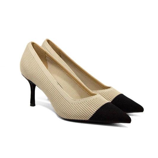 DÉCOLLETÉ IN TESSUTO FLYKNIT BEIGE CON PUNTA SFILATA NERA E TACCO ALTO