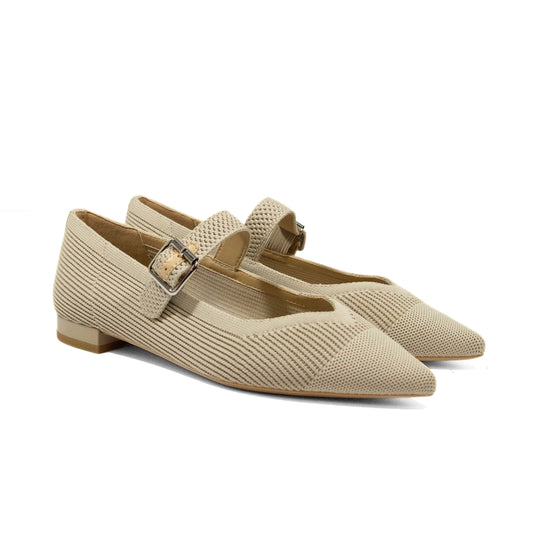 BALLERINA MARY JANE IN TESSUTO FLYKNIT BEIGE CON PUNTA SFILATA E CINTURINO
