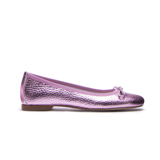 BALLERINA A PUNTA TONDA CON FIOCCO IN PELLE BOTTOLATA LAMINATA ROSA