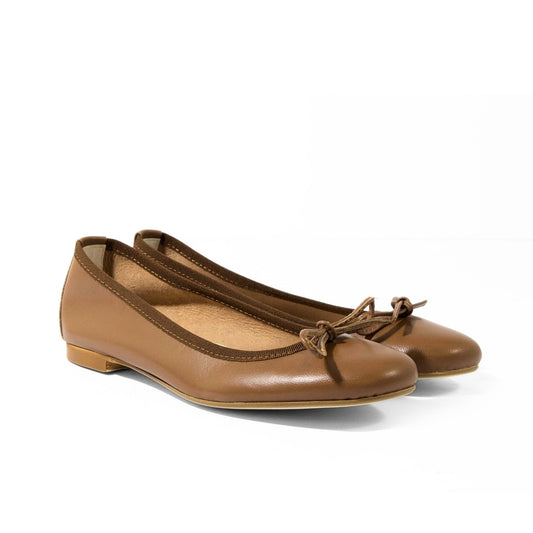 BALLERINA A PUNTA TONDA CON FIOCCO IN NAPPA COLOR CUOIO
