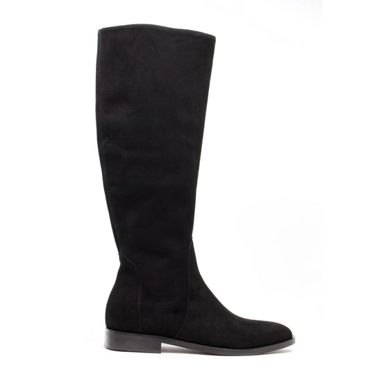 STIVALE ALTO A PUNTA AFFUSOLATA IN CAMOSCIO NERO CON ZIP LATERALE E TACCO BASSO A BLOCCO