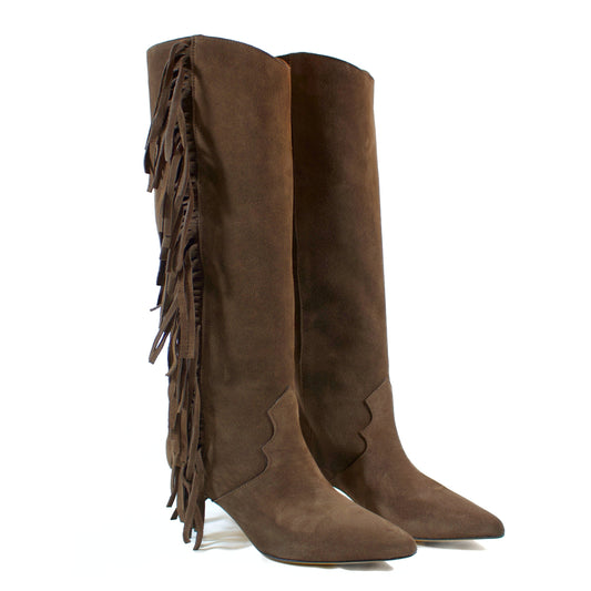 STIVALE IN CAMOSCIO TESTA DI MORO CON FRANGE LATERALI E TACCO 5 CM