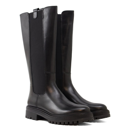 STIVALE AL GINOCCHIO IN VITELLO NERO CON INSERTI ELASTICI E SUOLA CARRARMATO