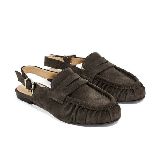 MOCASSINO SLINGBACK IN CROSTA TESTA DI MOROR CON VASCHETTA ARRICCIATA E CINTURINO