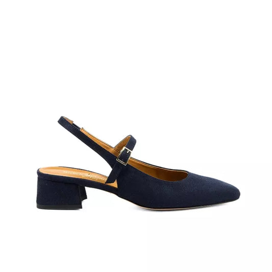 Décolleté slingback Mary Jane in camoscio blu con punta arrotondata e tacco basso