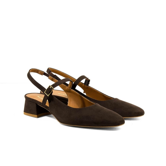 Décolleté slingback Mary Jane in camoscio testa di moro con punta arrotondata e tacco basso