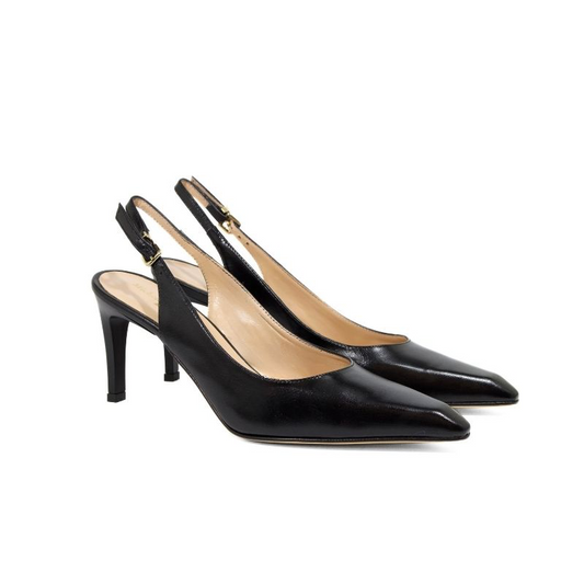 Décolleté slingback in pelle nera con punta sfilata e tacco alto