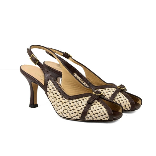 Décolleté slingback spuntata in rafia e pelle testa di moro con tacco alto