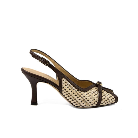 Décolleté slingback spuntata in rafia e pelle testa di moro con tacco alto