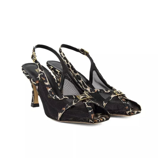 Décolleté slingback in rete nera e tessuto animalier con punta sfilata e tacco alto