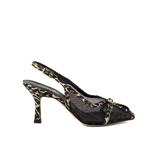Décolleté slingback in rete nera e tessuto animalier con punta sfilata e tacco alto