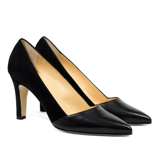 DÉCOLLETÉ IN NAPPA E CAMOSCIO NERO CON PUNTA SFILATA E TACCO ALTO