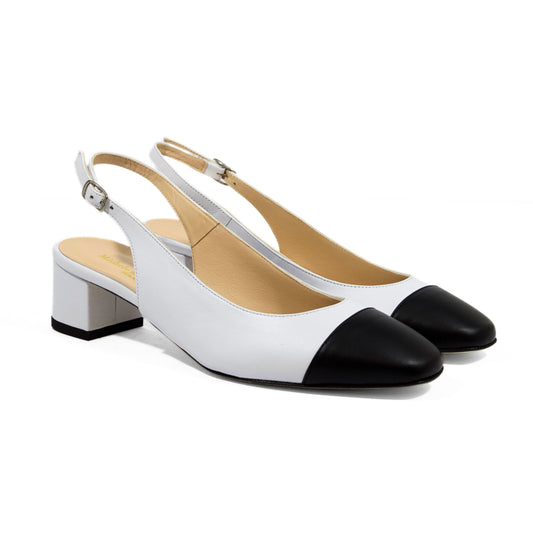 DÉCOLLETÉ SLINGBACK IN NAPPA BIANCA CON PUNTA NERA E TACCO LARGO