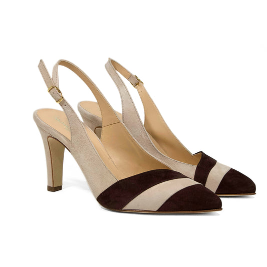DÉCOLLETÉ SLINGBACK IN CAMOSCIO BEIGE E TESTA DI MORO CON PUNTA SFILATA E TACCO ALTO