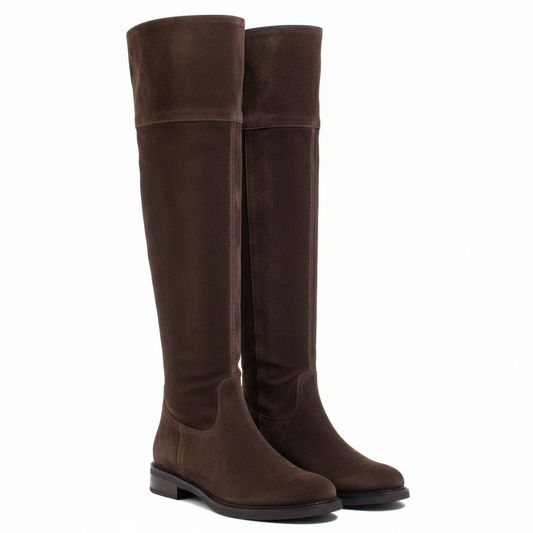 STIVALE SOPRA IL GINOCCHIO IN CAMOSCIO MORO CON SUOLA BASSA