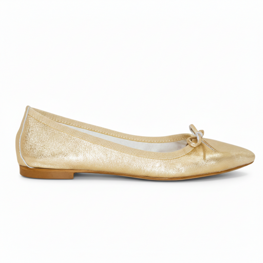 BALLERINA A PUNTA AFFUSOLATA CON FIOCCO IN PELLE LAMINATA PLATINO