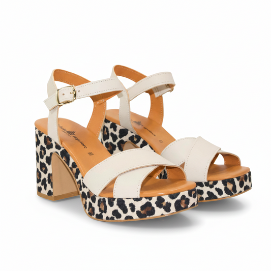SANDALO CON PLATFORM IN NAPPA BEIGE E TESSUTO LEOPARDATO CON TACCO LARGO 9CM