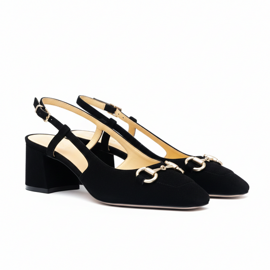 SANDALO SLINGBACK IN CAMOSCIO NERO CON MORSETTO DORATO E TACCO A BLOCCO 5CM