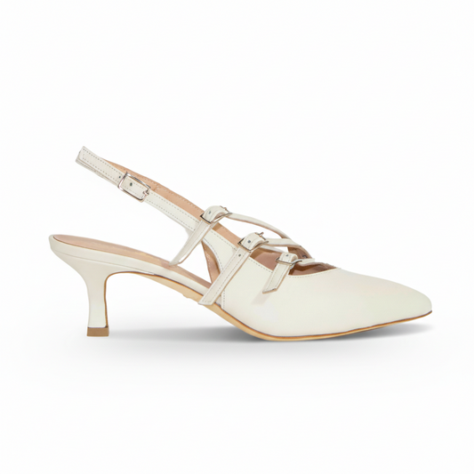 SANDALO SLINGBACK IN NAPPA BURRO CON CINTURINI MULTIPLI E TACCO KITTEN